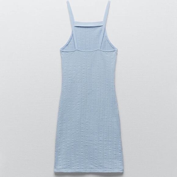 Zara M Light Blue Bodycon Knit Mini Dress Cable Weave Straight Neck Drop Back - Picture 10 of 12